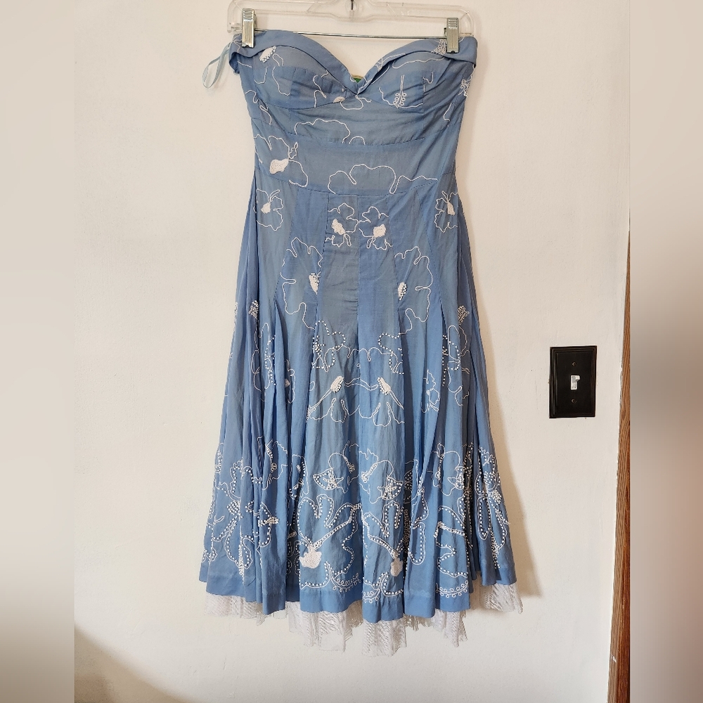 Tibi blue with white embroidery and beading strapless dress Size 2